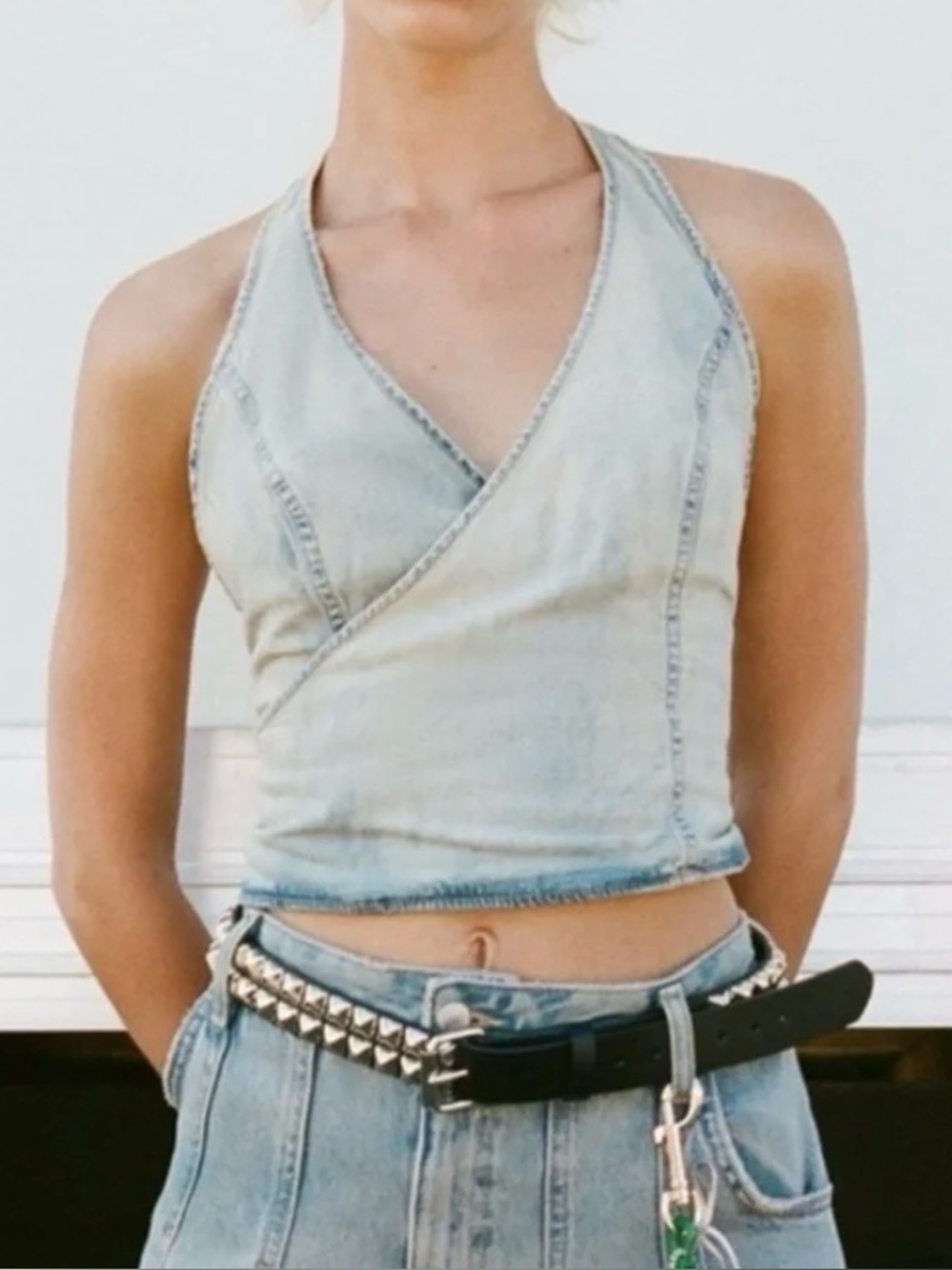 ZARA Denim Halter Wrap Top Size M